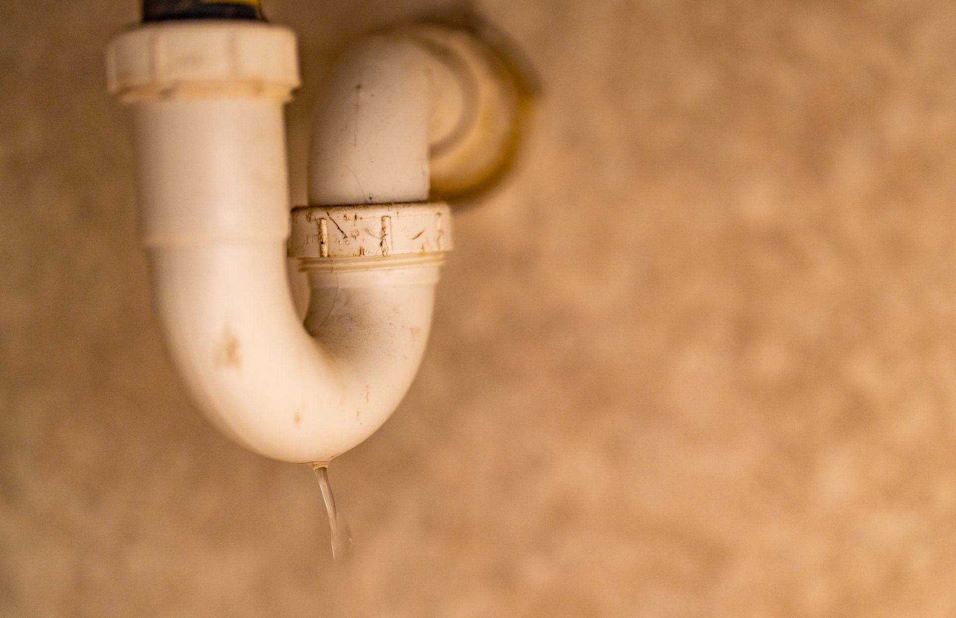 Water leaking from a white drain trap beneath a sink